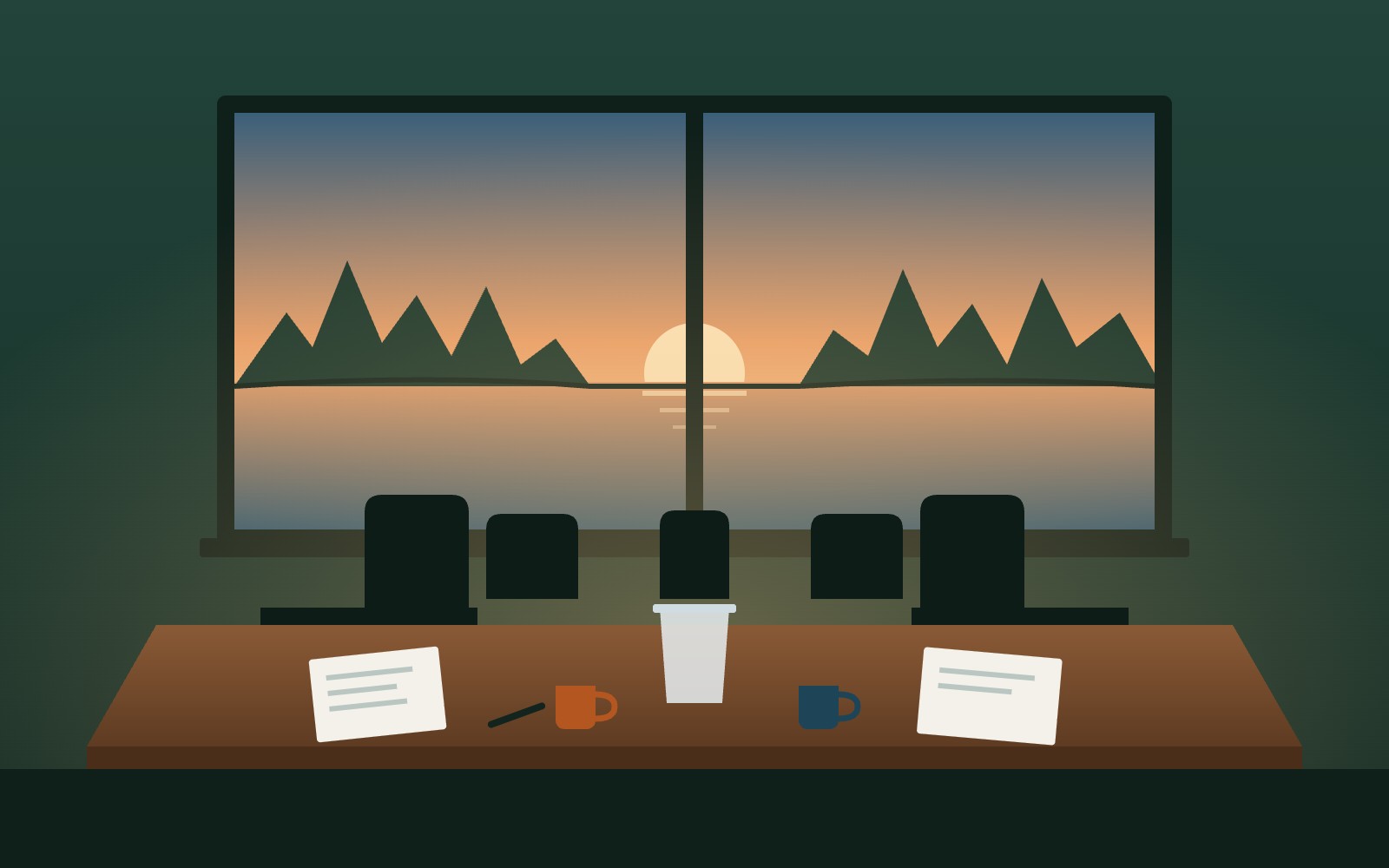 Illustration of a meeting table facing a window with a lake sunset