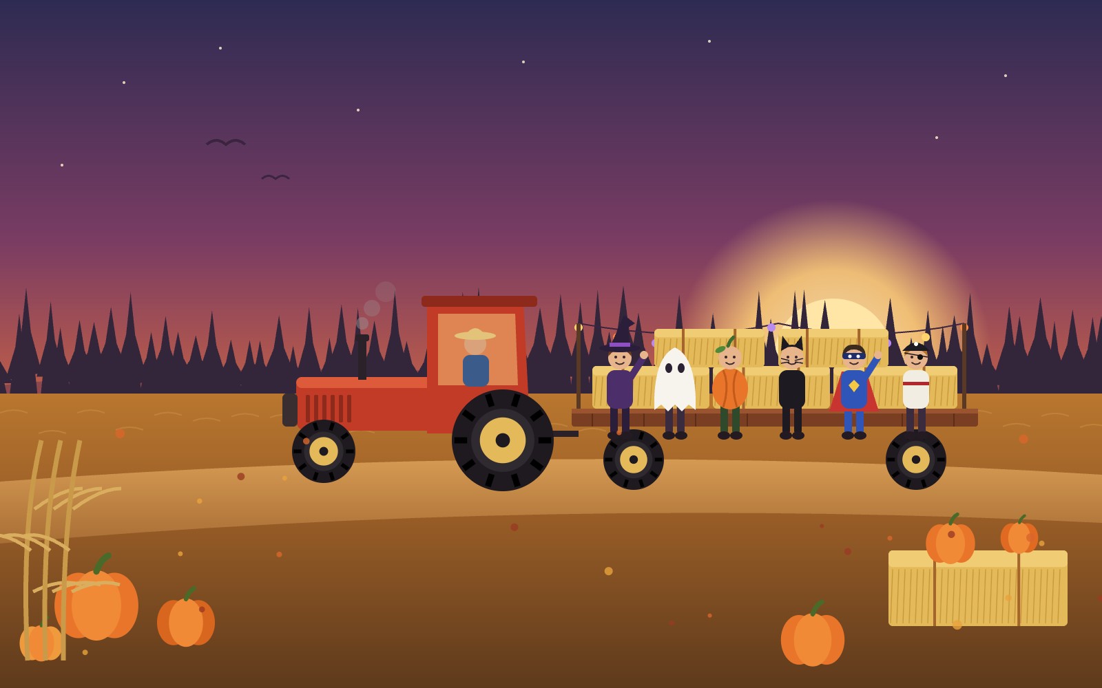 Illustration of a red tractor pulling a hay wagon full of kids in Halloween costumes at sunset, with pumpkins and hay bales